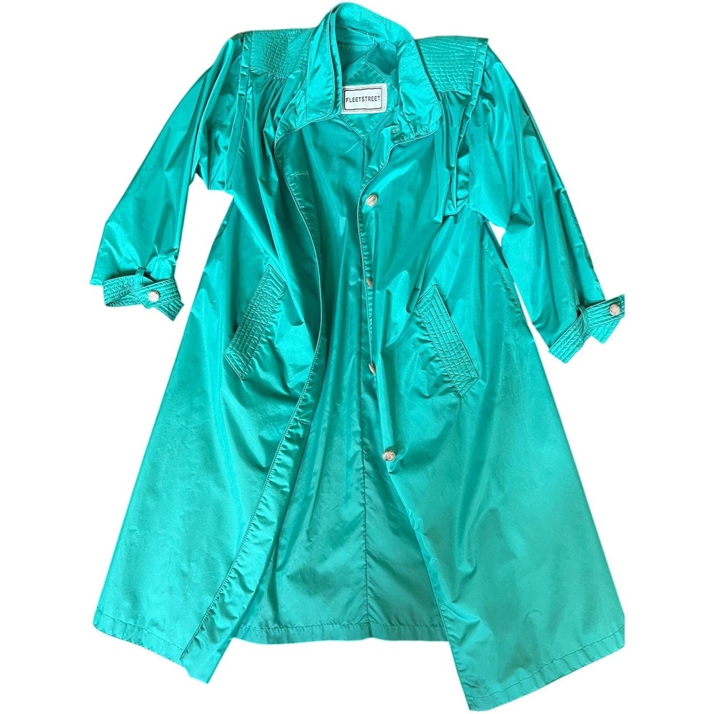 Vintage Fleet Street Teal Trench Coat Retro Chic Pleated 80s Slicker Sz 10